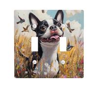 Oil Painting Fall Boston Terrier Dog Decorative Switch Cover 2 Gang Double Toggle, Autumn Wheat Switchcover Wall Plate, Pet Electrical Faceplate for Bedroom Living Room Decor