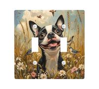 Oil Painting Fall Boston Terrier Dog Decorative Switch Cover 2 Gang Double Toggle, Autumn Wheat Wall Plate Cover, Standard Size, Pet Electrical Faceplate for Bedroom Living Room Decor