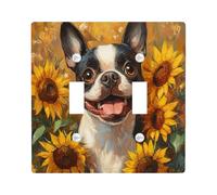 Oil Painting Fall Boston Terrier Dog Decorative Switch Cover Plate 2 Gang Double Toggle, Autumn Sunflower Electrical Faceplate for Bedroom Bathroom Decor, Pet Standard Size Switchplate