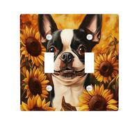 Oil Painting Fall Boston Terrier Dog Switch Cover Wall Plate 2 Gang Double Toggle, Autumn Sunflower Electrical Faceplate for Bedroom Bathroom Decor, Pet Standard Size Switchplate