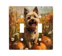 Oil Painting Fall Cairn Terrier Dog Decorative Switch Cover 2 Gang Double Toggle, Autumn Pumpkin Switchcover Wall Plate, Pet Electrical Faceplate for Bedroom Living Room Decor