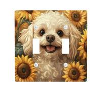 Oil Painting Fall Cavachon Dog Switch Cover Wall Plate 2 Gang Double Toggle, Autumn Sunflower Electrical Faceplate for Bedroom Bathroom Decor, Pet Standard Size Switchplate