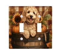 Oil Painting Fall Golden Doodle Dog Switch Cover Wall Plate 2 Gang Double Toggle, Autumn Plaid Pet Electrical Faceplate for Bedroom Bathroom Decor, Puppy Standard Size Switchplate