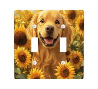 Oil Painting Fall Golden Retriever Dog Decorative Switch Cover Plate 2 Gang Double Toggle, Autumn Sunflower Electrical Faceplate for Bedroom Bathroom Decor, Pet Standard Size Switchplate