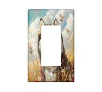 Oil Painting Fall Husky Dog Decorative Switch Cover 1 Gang Single Rocker, Autumn Wheat Wall Plate Cover, Standard Size, Pet Electrical Faceplate for Bedroom Living Room Decor