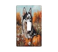 Oil Painting Fall Husky Dog Decorative Switch Cover 1 Gang Single Toggle, Autumn Pumpkin Wall Plate Cover, Standard Size, Pet Electrical Faceplate for Bedroom Living Room Decor