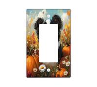 Oil Painting Fall Japanese Chin Dog Decorative Switch Cover 1 Gang Single Rocker, Autumn Pumpkin Wall Plate Cover, Standard Size, Pet Electrical Faceplate for Bedroom Living Room Decor