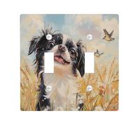 Oil Painting Fall Japanese Chin Dog Decorative Switch Cover 2 Gang Double Toggle, Autumn Wheat Switchcover Wall Plate, Pet Electrical Faceplate for Bedroom Living Room Decor