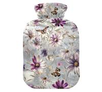 Oil Painting Feeling Purple Daisies Butterfly Cute hot Water Bottle with Soft Cover, 2L hot compresses for The Body for Neck and Shoulder Pain Relief, Neck Shoulder Warmer, compresas calientes