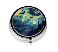 Oil Painting Halloween Bat Castle Round Pill Box with 3 Compartments, Mini Metal Pill Organizer for Purse or Pocket, Lightweight Portable for Daily Use Gifts Travel