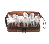Oil Painting Horses Gallop on Sunset Double Layer Cosmetic Bag for Women and Girls, Travel Toiletry Bag Makeup Handy Pouch Organiser Bag with Brush Compartment