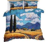 Oil Painting Landscape Duvet Cover Set Kids King Size Wheat Fields Tree Mountain Comforter Set & Pillowcase 3-Piece Dynamic Sky Kids Bedding Set Soft Microfiber 230X220cm