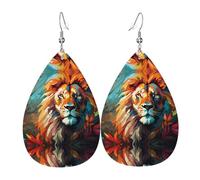 oil painting of a lion Pattern leather earrings | Water drop-shaped printed earrings, suitable for daily/party/dating scenes