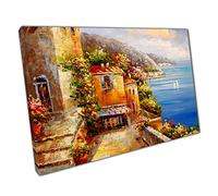 Oil Painting Of Ocean Shore And Buildings Of Greece Wall Art Print On Canvas Picture For Home Office Decor 76x51cm (30x20In)