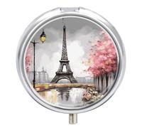 Oil Painting Paris Eiffel Tower Pill Box 3 Compartment Waterproof Pill Container with Mirror Metal Medicine Box Organizer Portable Vitamin Case for Pocket & Purse Travel - Round