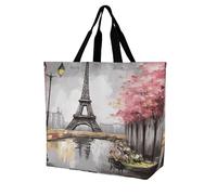 Oil Painting Paris Eiffel Tower Tote Bag Grocery Shopping Bags Shoulder Bag | Polyester Large Capacity Tote Purse Reusable grocery bag with Inside Pocket Lightweight Portable Shoulder Handbag for Women