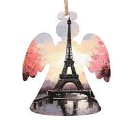 Oil Painting Paris Eiffel Tower Wooden Christmas Ornaments 6 Pcs Xmas Tree Hanging Angel Shape Xmas Crafts Hanging Decoration for Christmas Holiday Party Decor