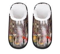 Oil Painting Paris Slipper for Women Men France Eiffel Tower Travel Slippers Foldable Indoor Plush Lining Slip on House Slippers Memory Foam Warm Home Sock Shoes M