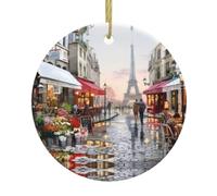 Oil Painting Paris Street Scene Eiffel Tower Print Ceramic Christmas Ornaments - Perfect for Indoor & Outdoor Decor, Wall Mount, Holiday Decorations