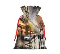 Oil Painting Paris Street Scene Eiffel Tower Printing Christmas Bag With Drawstring Closure, 4.7x6.9 In For Christmas Party Birthday Gift Wrapping