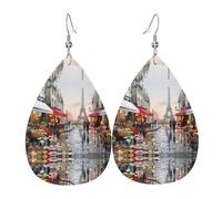 Oil Painting Paris Street Scene Eiffel Tower Prints Leather Teardrop earrings Pendant Stylish and light Lightweight Dangle for Women Girls, One Size, Leather, No Gemstone