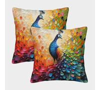 Oil Painting Peacock Cushion Cover Soft Square Throw Pillow Covers Color Art Theme Pillow Cover with Invisible Zipper Set of 2 for Outdoor Patio Garden Living Room Sofa 45x45cm