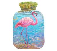 Oil Painting Pink Flamingo Lake Water Bottle for hot Water with Soft Cover, 1L Water Bottle Bag for Period Cramps