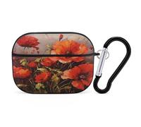 Oil Painting Red Flower Earbuds Organizer Shockproof Protective Airpods Pro Cover with Carabiner Clip Anti Fall Carrying Earphone Case Cover for Airpods Pro 2nd Generation Black