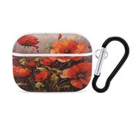 Oil Painting Red Flower Earbuds Organizer Shockproof Protective Airpods Pro Cover with Carabiner Clip Anti Fall Carrying Earphone Case Cover for Airpods Pro 2nd Generation White