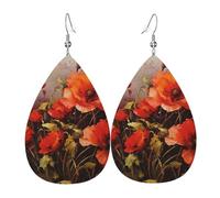 Oil painting red flower Leather Earrings for Women Teardrop Earrings Lightweight Dangle Drop Earrings Cute Jewelry Gift