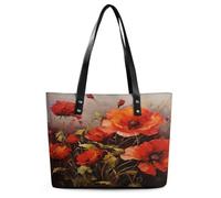Oil Painting Red Flower Tote Bag Large Soft Leather Purse with Zipper Lightweight Ladies Shoulder Handbag