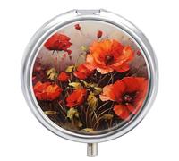 Oil Painting Red Flower Travel Pill Box Case 3 Compartment Cute Pill Organizer Metal Pill Holder with Mirror Small Medicine Organizer Daily Pill Container for Purse Pocket Portable Meds Box