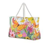 Oil Painting Sense Colorful Flowers Butterflies Large Capacity Big Beach Bag with Zipper Womens Tote Bags with Pockets