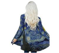 Oil Painting Shirt Van Gogh Gift Starry Night Women Loose Casual Long-Sleeved Clothing Light and Thin Long Cardigan, Navy Blue, Medium
