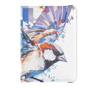 Oil Painting Sparrow Colorful Leather Passport Holder Cover Wallet Travel Documents Organizer Protector Passport Holder Combo with Vaccine Card Slot Waterproof