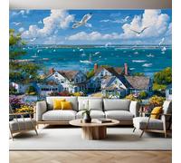 Oil Painting Style Mural Wallpaper Seaside Town Non-Woven Art Print 390 x 260cm Wall Murals Poster Picture Design Modern Decoration for Bedrooms Living Room Children Nursery
