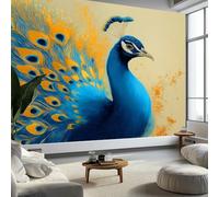 Oil Painting Style Pavo Real Azul Wall Mural Wallpaper, Non-Woven Decorative Wallpaper - Premium Wall Print Art W400 x H280 cm for Living Room Bedroom Decoration Poster