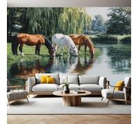 Oil Painting Style Photo Wallpaper Three Horses on The Green Riverbank Wall Murals for Living Room Bedrooms Office Tv Background Wall Large Mural Poster 300 x 210 cm Home Decoration
