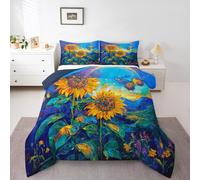 Oil Painting Style Sunflowers Comforter Set Double 3 Pcs,Vintage Yellow Sunflower Butterfly Bedding Set for Kids Teens Adults,Tie Dye Print Decor Rustic Style Comforter Duvet Set with 2 Pillowcases