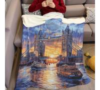 Oil Painting Style Throw Blanket for Kids London Building Tower Bridge Fluffy Blanket 3D Print Soft Warm Flannel Light Fleece Blanket 200 x 220 cm Boys Girls Birthday Gift Bed Sofa Couch