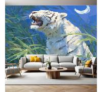 Oil Painting Style Wall Mural 250 x 180 cm Green Bamboo and White Tiger Non-Woven Art Print Wallpaper Mural for Walls Living Room Bedroom TV Background Boys Girls Kids Rooms Decoration