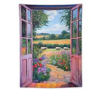 Oil Painting Style Wall Tapestry Pink Window Country Field Sheep Colorful Blooms Stone Path Bright Scenic Decor for Living Room Bedroom Home Art Hanging60 x80 Tapestry