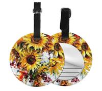 Oil Painting Sunflower Print Round Luggage Tag 10 Cm, Pu Leather Suitcase Label, Luggage Tags for Cruise Ships Suitcase Tags Beach Malibu Print Privacy Cover Id Label