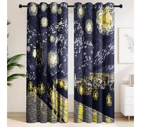 Oil Painting Theme Curtains 100% Blackout, Black & Gold Windows Drapes, Insulated Thermal Eyelet Blackout Curtains Starry Sky Moon Deconstructed Home Decor W 66" x L 72"
