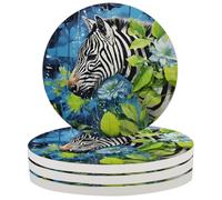 Oil Painting Zebra Leaves Coasters for Drinks Set of 4, Absorbent Ceramic Drink Coasters with Cork Base,for Coffee Tea Glasses Table Protection