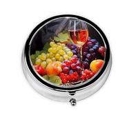 Oil Pinting Wine Glass Grape Round Pill Box with 3 Compartments, Mini Metal Pill Organizer for Purse or Pocket, Lightweight Portable for Daily Use Gifts Travel