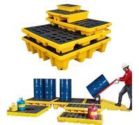 Oil Spill Containment Tray with Drain Outlet, Leak-Proof Plastic Spill Platform, Non-Slip, Stackable with Forklift Channels