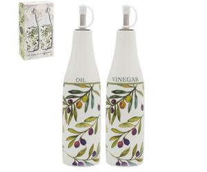Oil Vinegar Ceramic Bottles Set Olive Grove Kitchen Dining Floral Gift Idea