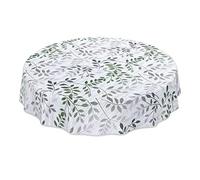 Oilcloth Tablecloth Washable Garden Tablecloth Oilcloth Round Oval Square Indoor Outdoor Leaves Silver Green Round 100 cm with Hem - Edged
