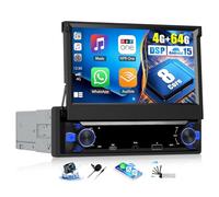 OiLiehu 4+64G 8-Core Android 15 Single Din Car Stereo Wireless CarPlay Android Auto, 7'' Flip Out Touchscreen with WiFi GPS Mirror Link Bluetooth FM/AM/RDS DSP EQ SWC AUX USB Type-C SIM Backup Camera